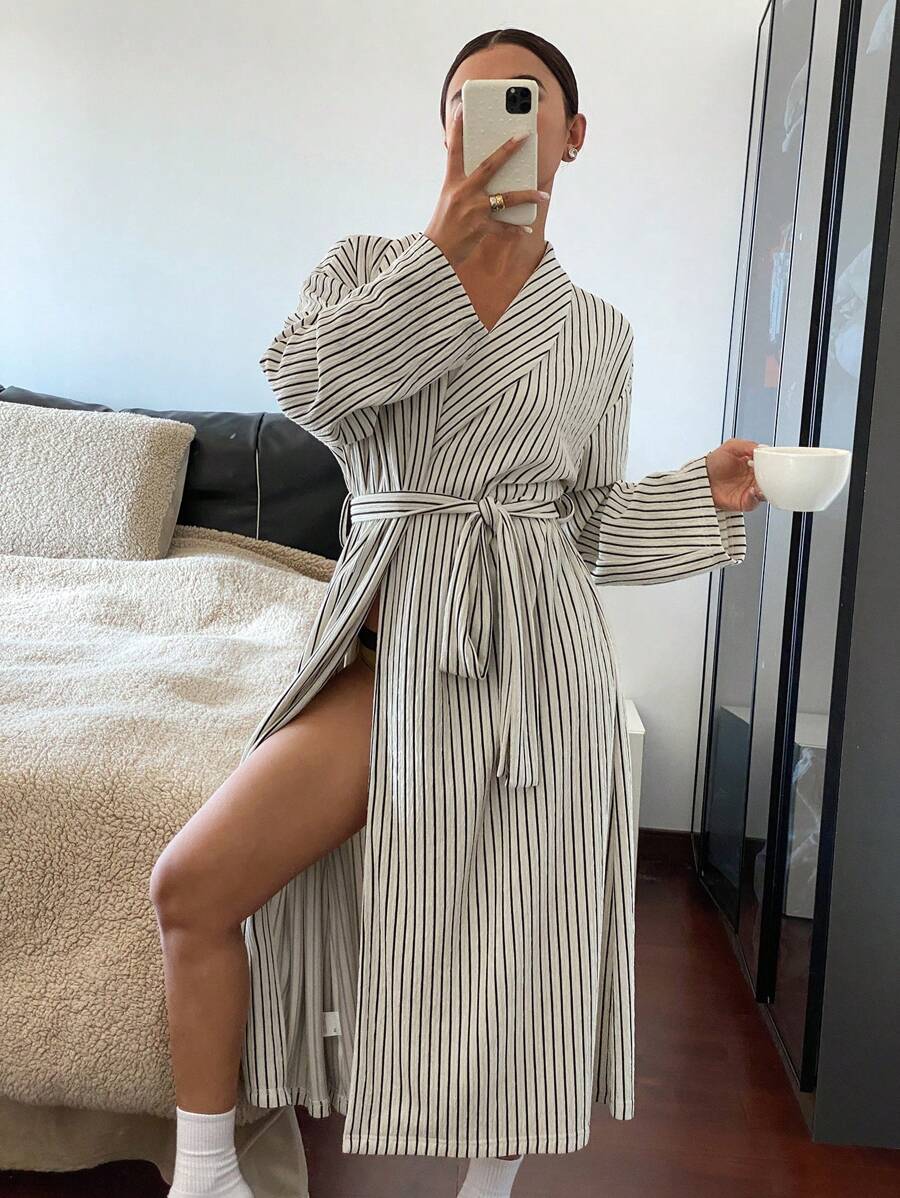 DAZY Striped Loose Lapel Belt Waist Cinched Mid-Length Bathrobe Pajama