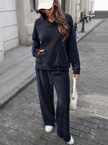 INAWLY 2pcs Women Knitted Casual Suit, Thick, Navy Blue, Suitable For Autumn & Winter