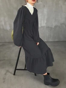 FRIFUL Vestido largo informal de mujer de unicolor con lazo de atar y volantes en el bajo, otoño