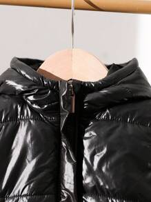 Baby Girls Solid Color Simple Daily Hooded Padded Coat - Black - View 3