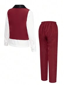 SHEIN 2pcs/Set Tween Boy Wedding Pageboy Formal Attire, Piano Performance Vest And Pants Gentleman Suit Set. Suitable For New Year Wear, Fashionable And Celebratory, Fit For Banquet, Dinner, Hosting, Party, Performance, Business - Burgundy - View 2
