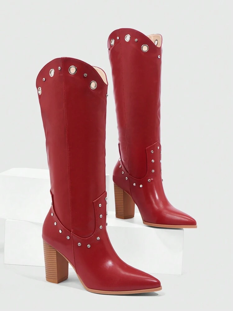 CUCCOO SZL Botas altas rojas con puntera puntiaguda, tacón ancho y adornos de piedras preciosas para mujer, para otoño/invierno, Halloween, bruja, Navidad y Año Nuevo, Día de San Valentín