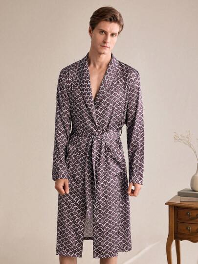 EverLounge 男士全印花长袖中长家居服长袍