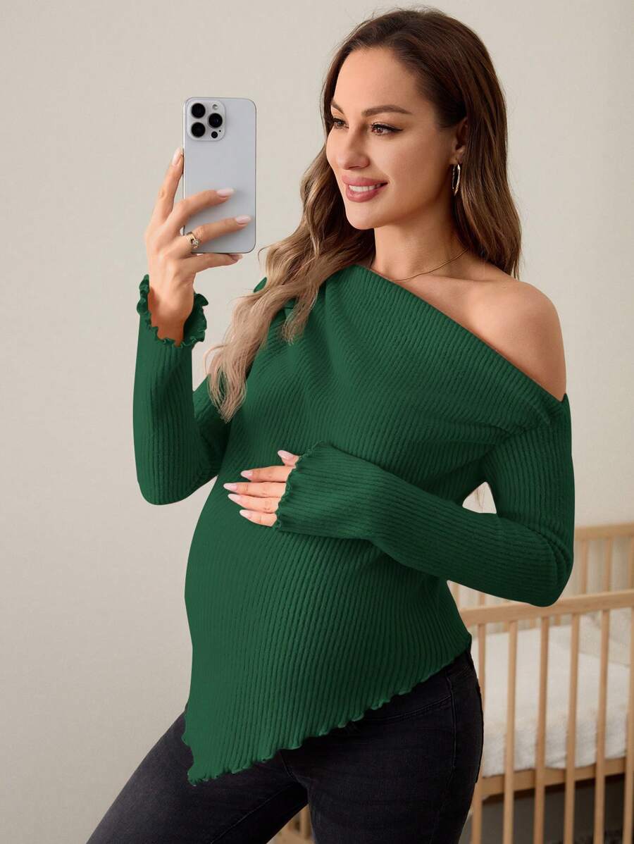 SHEIN Maternity Asymmetric Neck Ruffle Trim T-Shirt, Suitable For Autumn/Winter - Dark Green - View 1