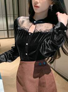 DAZY Camicia da donna con colletto alla coreana, maniche a lanterna, patchwork, stile minimalista casual per tutti i giorni, top a maniche lunghe per l'autunno - nero - Visualizzare 4
