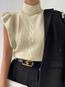 Chiquease Women High Neck Ruffled Sleeveless Elegant Sweater Vest - Apricot - View 3