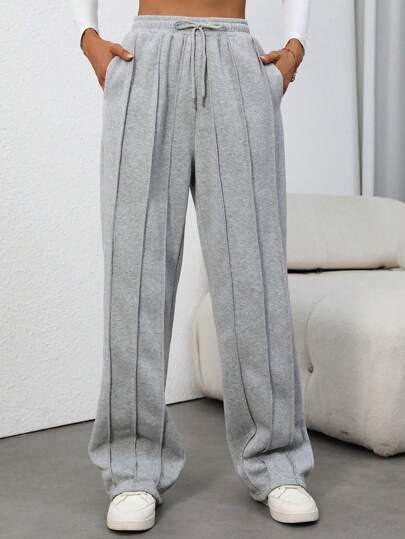 SHEIN Tall Pantalon de survêtement droit gris déchiré et patchwork pour femmes, taille avec cordon de serrage, mode et minimaliste, automne/hiver