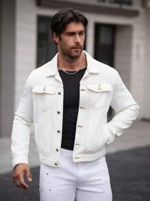 Manfinity Homme Men's Casual Versatile White Fitted Denim Jacket - Light Wash - View 1