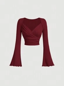 SHEIN MOD Överlappande Bell Sleeve Front Aprikos Elegant T-shirt, Julkläder, Vit Dam T-shirt, Höst Dam Kläder, Back-To-School Säsong, Gå ut Klädsel, Slim Fit T-shirt - Bourgogne - Visa 1