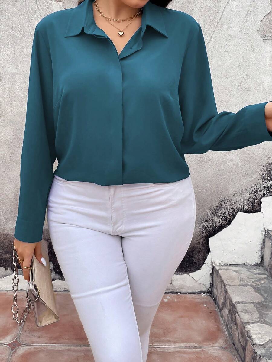 SHEIN LUNE Plus Size Solid Color Front Button Elegant Commuting Long Sleeve Shirt - Teal Blue - View 1
