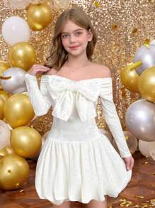 SHEIN 青少年女孩优雅纯白色天鹅绒蝴蝶结露肩长袖泡泡裙，秋冬连衣裙，白色连衣裙，短款返校节连衣裙，万圣节连衣裙，圣诞派对连衣裙 - 白色 - 查看 6