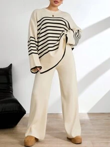 EURMUSE Plus Size Women Striped Crew Neck Drop Shoulder Long Sleeve Sweater And Knitted Pants Casual Set, Autumn/Winter - Beige - View 4