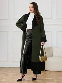 Al Najma Women's Dark Green Open Front Patchwork Jacquard Robe, Stylish And Elegant