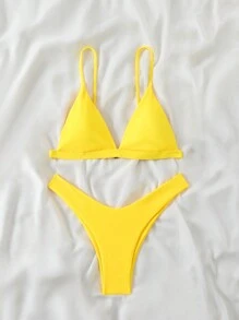 Swim Mod Summer Beach Plain Triangle High Cut Bikini Set - Yellow - View 3