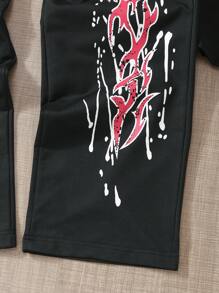 SHEIN 2pcs/Set Teenage Boys' Fashion Street Style Casual Short Sleeve T-Shirt And Flare Leg Printed Pants, Suitable For Spring/Summer - Black - View 6