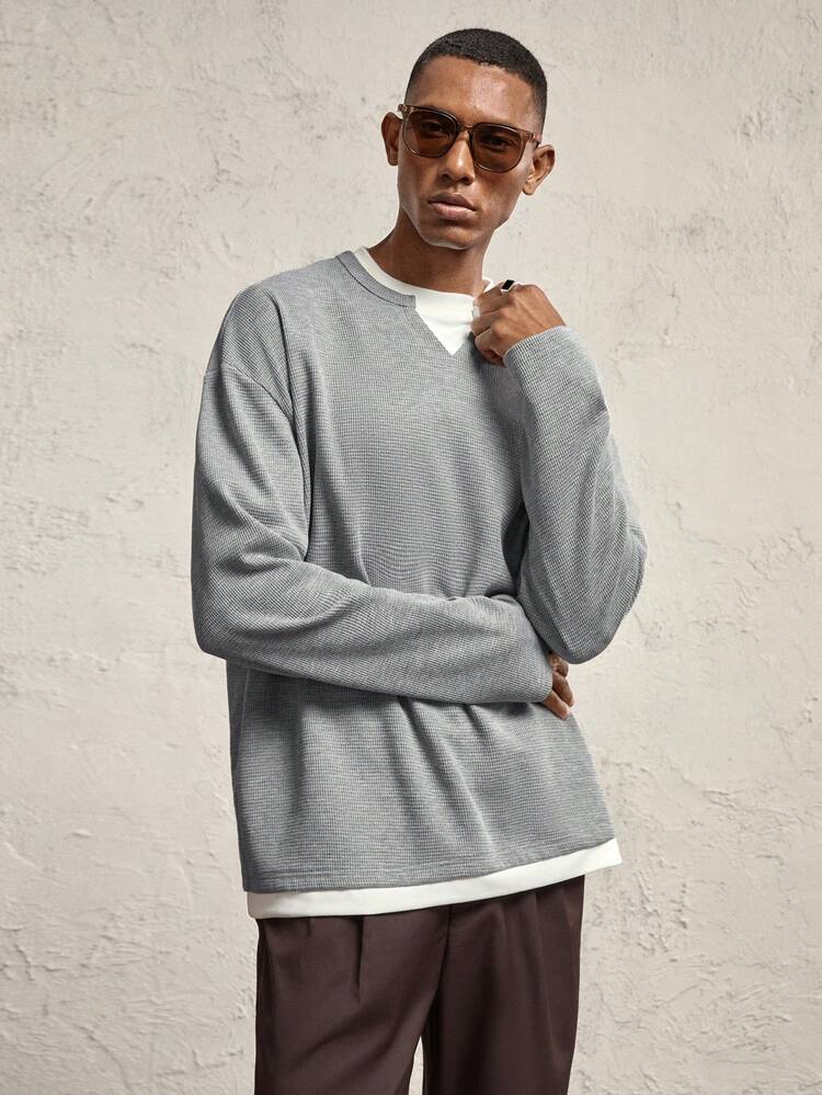 T-shirt à manches longues, col rond, ample, style blocs de couleurs tricoté pour homme, décontracté pour l'automne/hiver