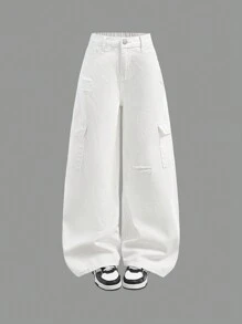 SHEIN Pantalones vaqueros anchos y holgados con diseño de cortes, rotos, deshilachados y bolsillos cargo, para niñas preadolescentes, apropiados para uso diario y para las cuatro estaciones.