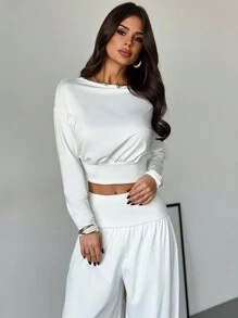 Firerie Festival 2pcs Set: Elegant Casual Loose Fit Round Neck Blouse & High Waist Ruched Wide Leg Pants, Versatile Loungewear/Athleisure Outfit For Spring/Summer, Valentine's Day