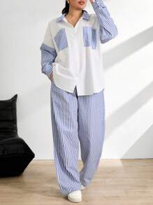 RueChic Drop Shoulder Stripe Pattern Flap Pocket Detailed Shirt And Pant - Blue and White - View 1