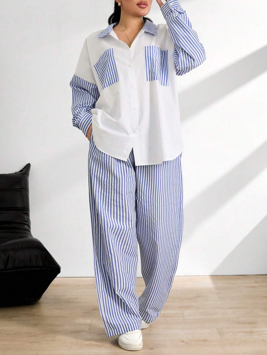 RueChic Drop Shoulder Stripe Pattern Flap Pocket Detailed Shirt And Pant - Blue and White - View 1