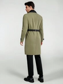 Mainfolk Men Color Block Lapel Tie Belt Long Trench Coat - Multicolor - View 3