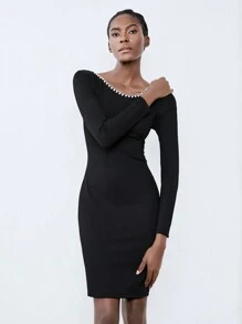 Chiquease Vestido de manga larga, hombros descubiertos, cadena de perlas, elegante, sexy, casual/de oficina, de media longitud, para mujer, de material de punto elástico de unicolor, de primavera/otoño