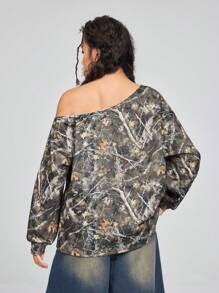 SHEIN Áo thun dài tay rộng rãi cổ bất đối xứng in hình cành cây cho bé gái tuổi teen, mùa thu - Nhiều màu - Xem 5
