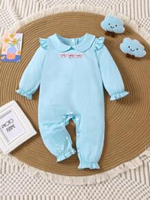 Baby Girl Knitted Collared Butterfly Pattern Ruffle Hem Jumpsuit, Casual & Versatile Loungewear, Autumn/Winter - Blue - View 1
