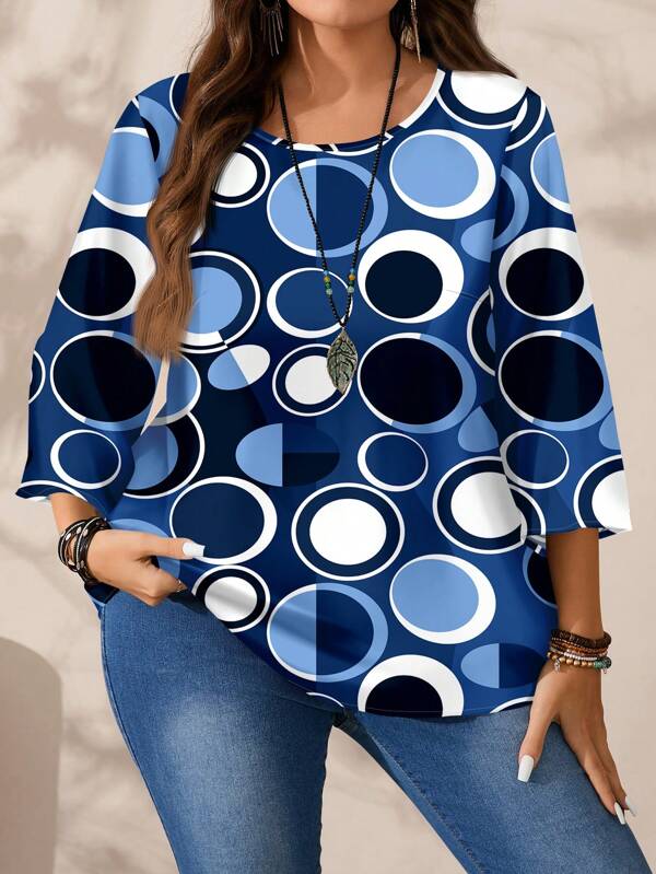 EMERY ROSE Plus Size Women's Casual All-Over Print Round Neck Loose 3/4 Sleeve Shirt, Autumn/Winter
