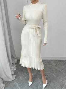 Chiquease Elegant Solid Color Knit Sweater Dress, Suitable For Holidays & Outings - Beige - View 7