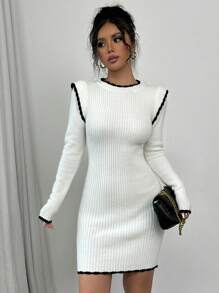 Chiquease Women Elegant Contrast Trim Ruffle Cuff Round Neck Fitted Sweater Dress, Autumn/Winter - White - View 3