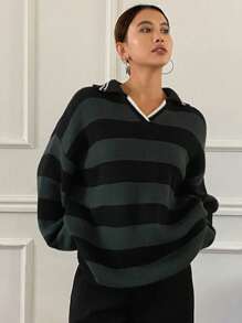 DAZY Loose Stripe Pattern Embroidery Long Sleeve Sweater For Women,Fall Women Clothes - Green - View 5