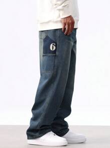 Chillumni Jeans casuales y versátiles de pierna ancha con bolsillo numérico para hombres - Azul lavado medio - Ver 8