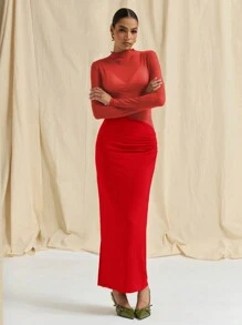 COSMINA Olive Green Mesh Contrast Dress For Women, Autumn/Winter - Red - View 5