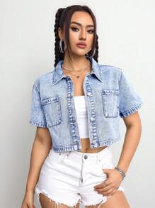 SHEIN ICON 女士休闲牛仔衬衫，简约时尚日常穿着 - 淺色水洗藍 - 查看 1