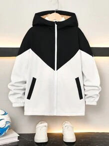 Tween Boy Casual Colorblock Hooded Long Sleeve Zip-Up Jacket With Pockets - Black - View 1