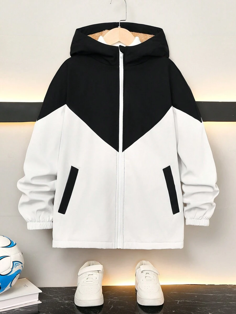 Tween Boy Casual Colorblock Hooded Long Sleeve Zip-Up Jacket With Pockets - Black - View 1