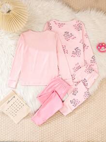 Set de 2 piezas de camisa de manga larga y pantalones ajustados con estampado de gato lindo para niña, color rosa claro