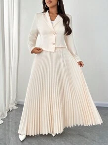 SHEIN Unity 2pcs Autumn Women Solid Color Lapel Long Sleeve Blazer Top And Pleated Skirt Set - Apricot - View 2