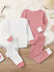 SHEIN 4pcs Young Girl Snug Fit Casual & Comfy Crew Neck Color Block Long Sleeve Top And Pants Pajama Set