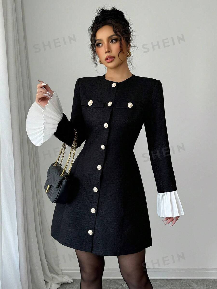 Elenzga Vestido corto negro sexy y elegante con decoración de botón metálico y volantes en los puños, con silueta de línea A