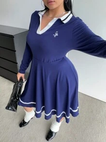 Flirla Plus Size Sweet & Spicy Color Block Long Sleeve Dress, College Style - Navy Blue - View 1
