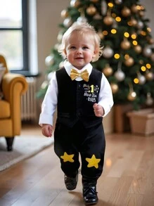 SHEIN Baby Boy's New Year Slogan Print 2 In 1 Vest & Pants Gentleman Outfit, Suitable For Babies To Wear To New Year Party Or Daily Outing - Multicolor - View 4