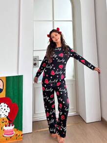 SHEIN Teen Girl Heart & Letter Graphic Round Neck Long Sleeve, Loose Casual Comfortable 2 Pcs Pajama Set, Suitable For Valentine's Day