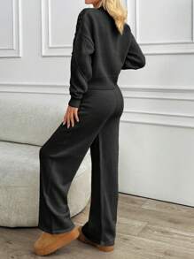 EURMUSE 2pcs Women's Autumn/Winter Cable Knitted Cardigan And Elastic Waist Pants Set - Black - View 2