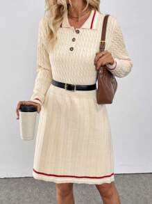 Chiquease Abito-maglione da donna con colletto a contrasto, in vita drappeggiato, gonna plissettata, autunno/inverno - Albicocca - Visualizzare 1