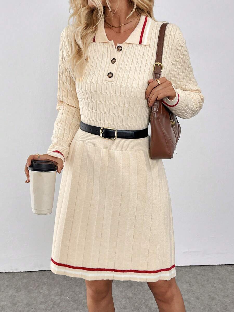 Chiquease Abito-maglione da donna con colletto a contrasto, in vita drappeggiato, gonna plissettata, autunno/inverno - Albicocca - Visualizzare 1