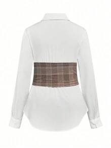 Celure Plus Size Fashionable Knit Patchwork Color Block Asymmetrical Blouse And Straight Leg Casual Plaid 2 In 1 Set, Commuter Style - Multicolor - View 2