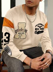 Manfinity Campus Court Camiseta de manga larga de cuello redondo con gráfico de letras casual para hombres, otoño