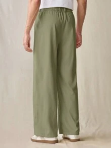 SWAVVY Men's Woven Casual Everyday Solid Color Elastic Waist Straight Leg Pants, Fall - Green - View 2